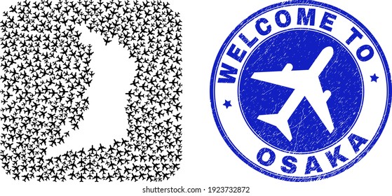 Vector mosaic Osaka Prefecture map of aeroplane items and grunge Welcome seal. Mosaic geographic Osaka Prefecture map constructed as carved shape from rounded square shape with air tourism elements.