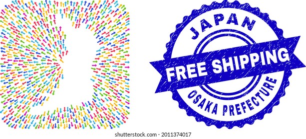 Vector mosaic Osaka Prefecture map of navigation arrows and scratched Free Shipping seal stamp. Collage Osaka Prefecture map created as hole from rounded square with pointing arrows.