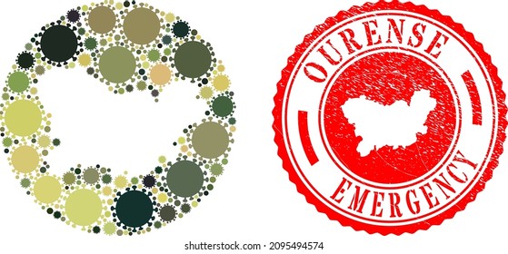 Vector mosaic Ourense Province map of covid elements and grunge EMERGENCY seal stamp.