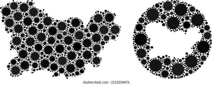 Vector mosaic Ourense Province map of virus outbreak elements. Mosaic geographic Ourense Province map designed as hole from circle with sars virus elements in black colors.
