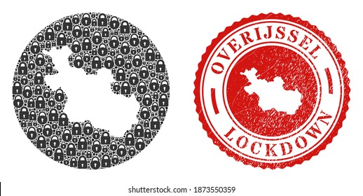 Vector mosaic Overijssel Province map of locks and grunge LOCKDOWN stamp. Mosaic geographic Overijssel Province map designed as carved shape from circle with black locks.