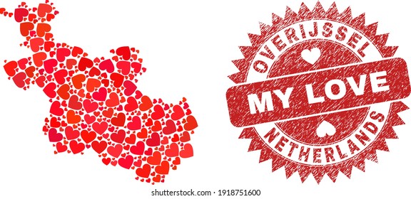 Vector mosaic Overijssel Province map of love heart elements and grunge My Love seal stamp. Mosaic geographic Overijssel Province map constructed with valentine hearts.