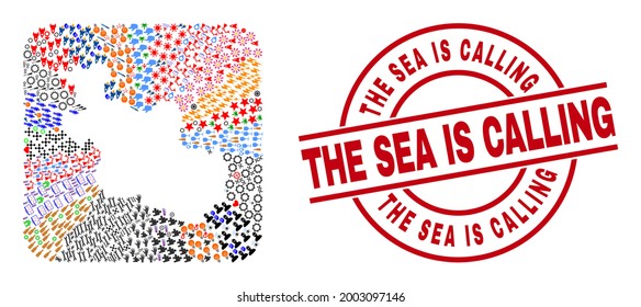 Vector mosaic Overijssel Province map of different pictograms and The Sea Is Calling seal stamp. Mosaic Overijssel Province map created as subtraction from rounded square shape.