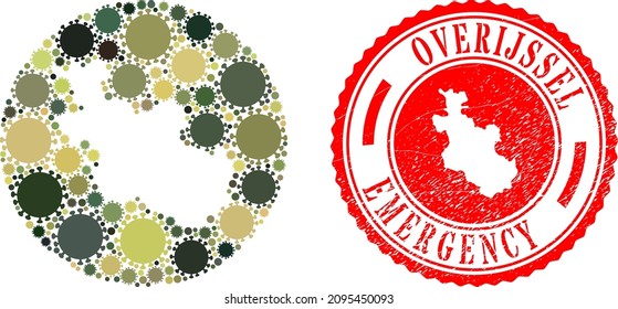 Vector mosaic Overijssel Province map of covid elements and grunge EMERGENCY seal.