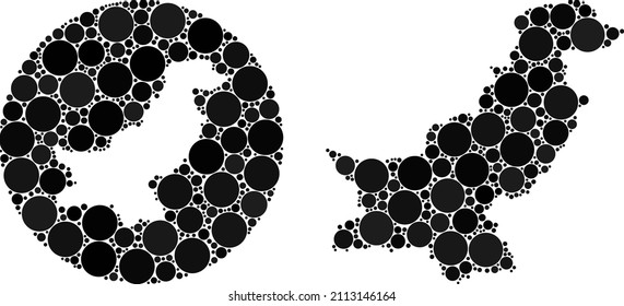 Vector mosaic Pakistan map of spheric parts. Mosaic geographic Pakistan map created as hole from circle with spheric parts in black color hues. Dot vector mosaic Pakistan map.
