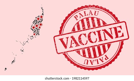Vector mosaic Palau map of flu virus, vaccine icons, and red grunge vaccination seal. Virus elements and vaccination items inside Palau map. Red seal with distress rubber texture and vaccine text.