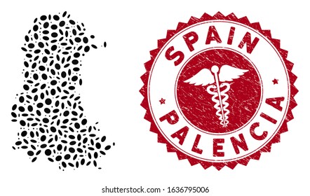 Vector mosaic Palencia Province map and red rounded distressed stamp seal with health care sign. Palencia Province map collage formed with oval elements. Red rounded clinic seal, with dirty texture.