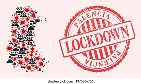 Vector mosaic Palencia Province map of corona virus, masked men and red grunge lockdown seal stamp. Virus elements and men in masks inside Palencia Province map.