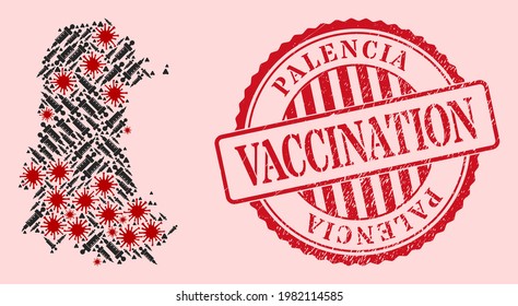 Vector mosaic Palencia Province map of flu virus, dose icons, and red grunge vaccine seal stamp. Virus cells and vaccine particles inside Palencia Province map.