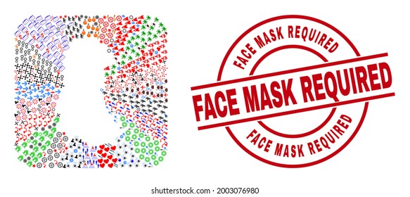 Vector mosaic Palencia Province map of different pictograms and Face Mask Required badge. Mosaic Palencia Province map designed as subtraction from rounded square shape.