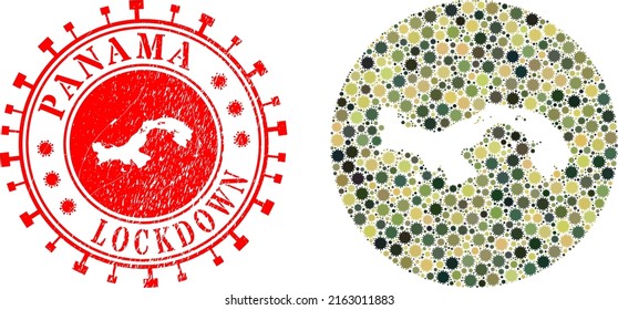 Vector mosaic Panama map of flu virus items and grunge LOCKDOWN stamp. Mosaic geographic Panama map designed as subtraction from round shape with flu virus items in camo army colors.
