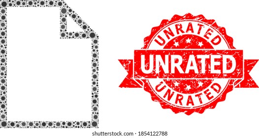 Vector mosaic paper page of flu virus, and Unrated dirty ribbon seal print. Virus items inside paper page mosaic. Red seal contains Unrated title inside ribbon.