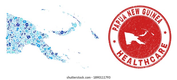 Vector mosaic Papua New Guinea map with medical icons, laboratory symbols, and grunge doctor imprint. Red round imprint with scratched rubber texture and Papua New Guinea map caption and map.