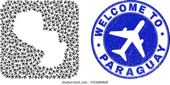 Vector mosaic Paraguay map of airplane elements and grunge Welcome badge. Mosaic geographic Paraguay map constructed as hole from rounded square shape with air planes.
