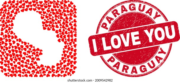 Vector mosaic Paraguay map of love heart elements and grunge love seal. Collage geographic Paraguay map created as subtraction from rounded square shape with lovely hearts.