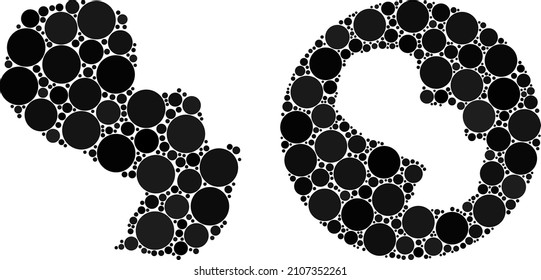 Vector mosaic Paraguay map of round elements. Mosaic geographic Paraguay map designed as subtraction from round shape with round elements in black color hues. Pixel vector mosaic Paraguay map.