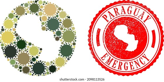 Vector mosaic Paraguay map of virus items and grunge EMERGENCY seal stamp. Mosaic geographic Paraguay map designed as carved shape from round shape with virus elements in camo military color hues.