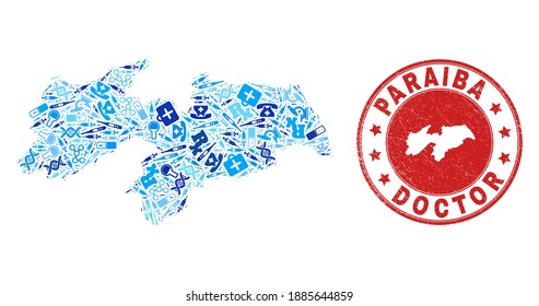Vector mosaic Paraiba State map with vaccination icons, analysis symbols, and grunge healthcare watermark. Red round watermark with corroded rubber texture and Paraiba State map text and map.