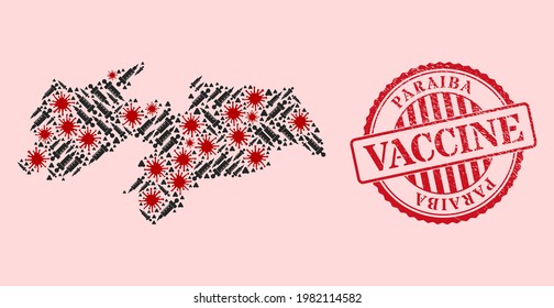 Vector mosaic Paraiba State map of SARS virus, dose icons, and red grunge vaccination stamp. Virus particles and dose particles inside Paraiba State map.
