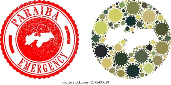 Vektor-Mosaik Paraiba Staatskarte der Virus-Ausbruch-Symbole und Grunge-NOTFE-Siegel.
