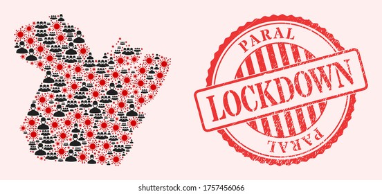 Vector mosaic Paral State map of corona virus, masked people and red grunge lockdown seal stamp. Virus cells and men in masks inside Paral State map.