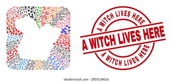 Vector mosaic Paral State map of different pictograms and A Witch Lives Here seal stamp. Collage Paral State map created as carved shape from rounded square shape.