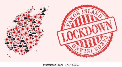 Vektor Mosaik Paros Island Karte von Grippevirus, maskierten Männern und rotem Grunge-Schließdichtung. Viruselemente und Männer in Masken innerhalb der Paros-Inselkarte. Rotes Siegel mit gekratzter Gummistruktur und LOCKDOWN Text.