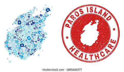 Mapa de la isla de Paros con mosaicos vectoriales con iconos de la vacuna, símbolos de prueba e imitación de caucho de sanidad de grifo. Impresión redonda roja con textura de caucho grunge y mapa de la Isla Paros.