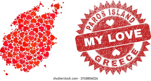 Mosaico vectorial Paros Island mapa de los ítems del corazón del amor y grunge la insignia de mi amor. Mapa de la isla Mosaico geográfico de Paros construido con encantadores corazones.