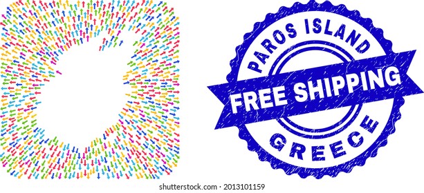 Vector mosaic Paros Island map of migration arrows and grunge Free Shipping stamp. Mosaic Paros Island map constructed as carved shape from rounded square shape using navigation arrows.