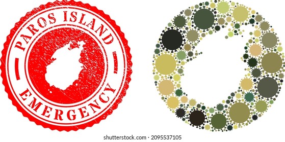 Mosaico vectorial Isla Paros mapa de iconos del virus del sars y sello del sello de EMERGENCY grunge.