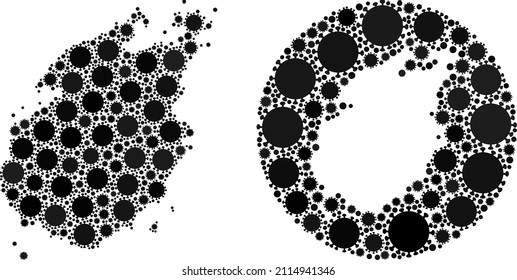 Vector mosaic Paros Island map of covid-2019 icons. Mosaic geographic Paros Island map designed as carved shape from round shape with covid icons in black color hues. Abstraction for safety posters.