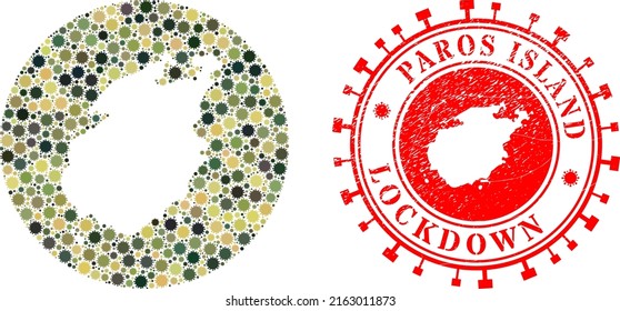 Vector mosaic Paros Island map of flu virus icons and grunge LOCKDOWN badge. Mosaic geographic Paros Island map designed as subtraction from round shape with virus icons in khaki army color hues.
