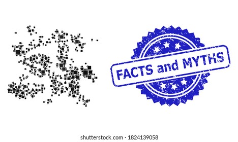 Vector mosaic particle swarm, and Facts and Myths unclean rosette stamp seal. Blue stamp seal includes Facts and Myths tag inside rosette.