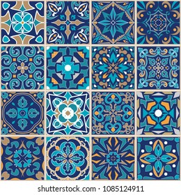 Vector mosaic patchwork ornament with square tiles. Seamless texture. Portuguese azulejos decorative pattern. Ornamental square design in oriental style