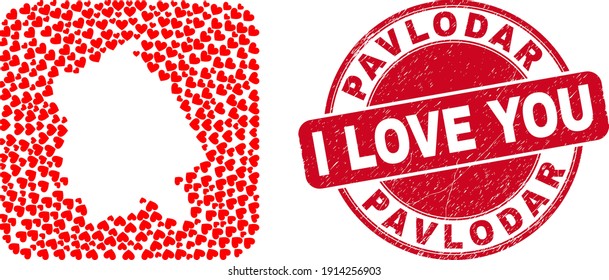 Vector mosaic Pavlodar Region map of valentine heart items and grunge love badge. Mosaic geographic Pavlodar Region map created as subtraction from rounded square using love hearts.