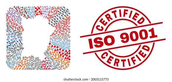 Vector mosaic Penang Island map of different pictograms and Certified Iso 9001 seal. Mosaic Penang Island map constructed as subtraction from rounded square shape.