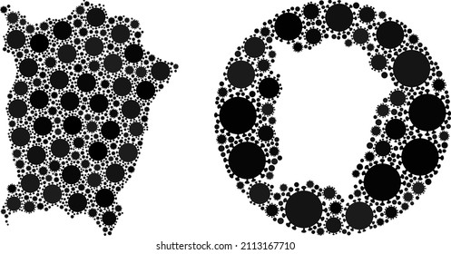 Vector mosaic Penang Island map of virus outbreak items. Mosaic geographic Penang Island map created as carved shape from round shape with flu virus elements in black colors.