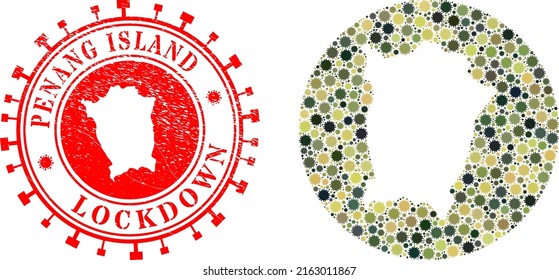 Mapa del virus del mosaico vectorial de la isla de Penang y sello de LOCKDOWN.