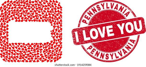 Vector mosaic Pennsylvania State map of lovely heart items and grunge love stamp. Collage geographic Pennsylvania State map constructed as hole from rounded square shape with love hearts.