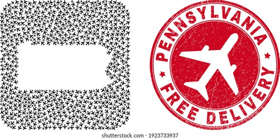 Vector mosaic Pennsylvania State map of aircraft elements and grunge Free Delivery stamp.