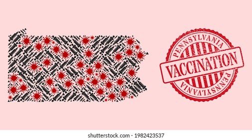 Vector mosaic Pennsylvania State map of flu virus, inoculation icons, and red grunge vaccination seal. Virus cells and vaccine particles inside Pennsylvania State map.
