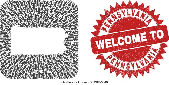 Vector mosaic Pennsylvania State map of pointer arrows and rubber Welcome seal stamp. Collage geographic Pennsylvania State map created as carved shape from rounded square shape using movement arrows.
