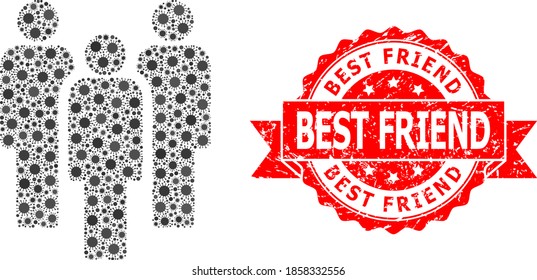 Vector mosaic people of corona virus, and Best Friend unclean ribbon stamp seal. Virus items inside people mosaic. Red seal contains Best Friend title inside ribbon.