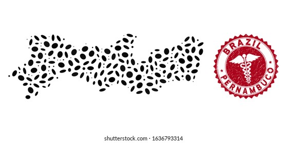 Vector mosaic Pernambuco State map and red round rubber stamp seal with medicine icon. Pernambuco State map collage composed with ellipse spots. Red round clinic seal stamp, with distress texture.