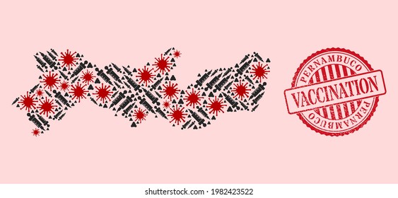 Vector mosaic Pernambuco State map of covid-2019 virus, vaccination icons, and red grunge vaccination stamp. Virus elements and syringe needles inside Pernambuco State map.