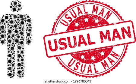 Vector mosaic person of SARS virus items, and Usual Man scratched round stamp seal. Virus particles inside person composition. Red stamp seal includes Usual Man caption inside.