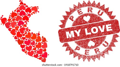 Mapa vectorial del Perú de los ítems valentinos del corazón y grunge la insignia de mi amor. Mapa geográfico mosaico del Perú construido con corazones valentinos.
