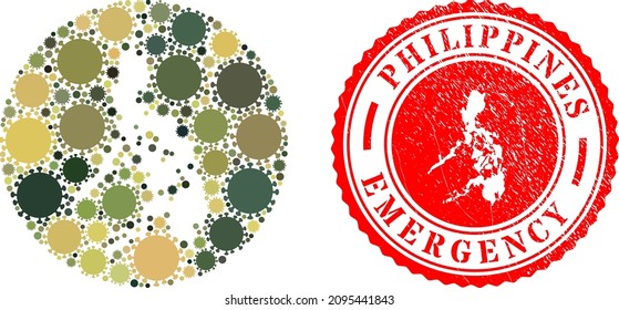 Vector mosaic Philippines map of covid infection items and grunge EMERGENCY stamp.