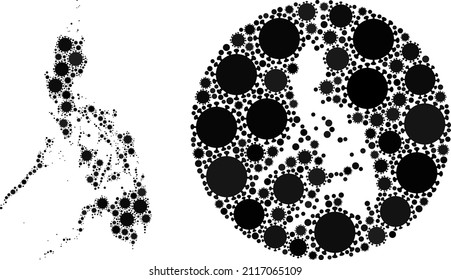 Vector mosaic Philippines map of covid-2019 items. Mosaic geographic Philippines map designed as stencil from round shape with covid infection items in black color hues.